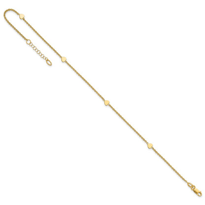 14K Yellow Gold Polished Hearts 4-Station 10 Inch Plus 1 Inch Extender - Total 11 Inch Anklet