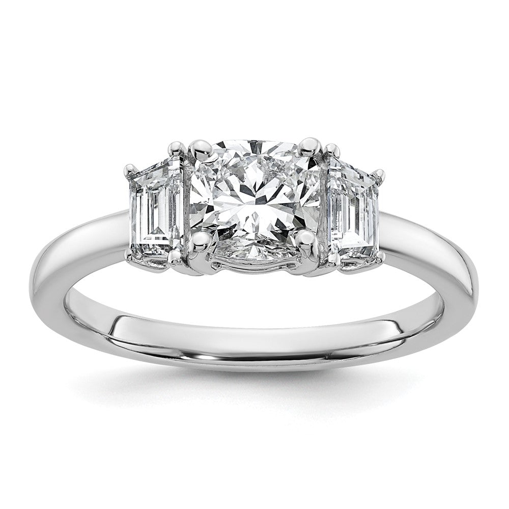 14K White Gold  3/8 carat Lab Grown Diamond VS+ F+ Half Moon 1 carat Cushion Center Semi Mount Three Stone Engagement Ring