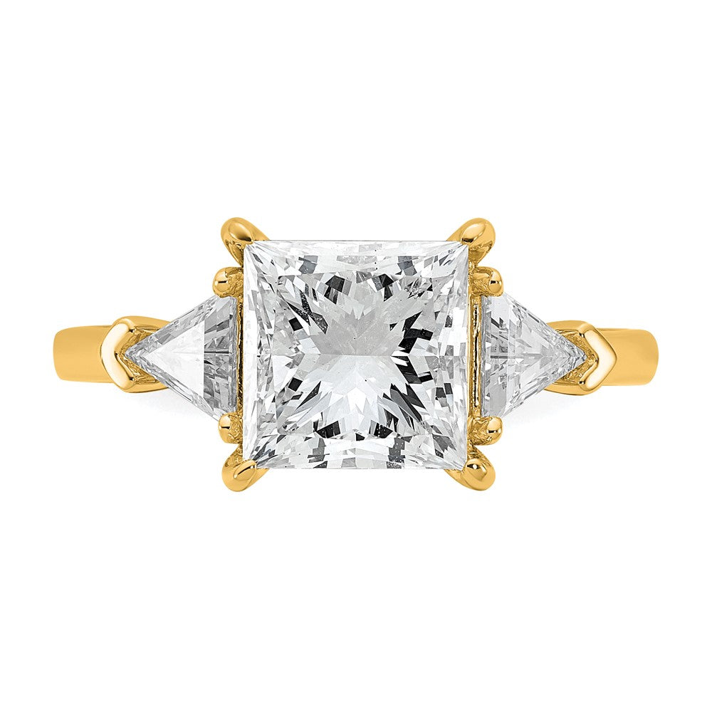 14K Yellow Gold 3 1/8 carat Certified Lab Grown Diamond VS/SI+ G+ Princess and Trillion Complete Three Stone Engagement Ring
