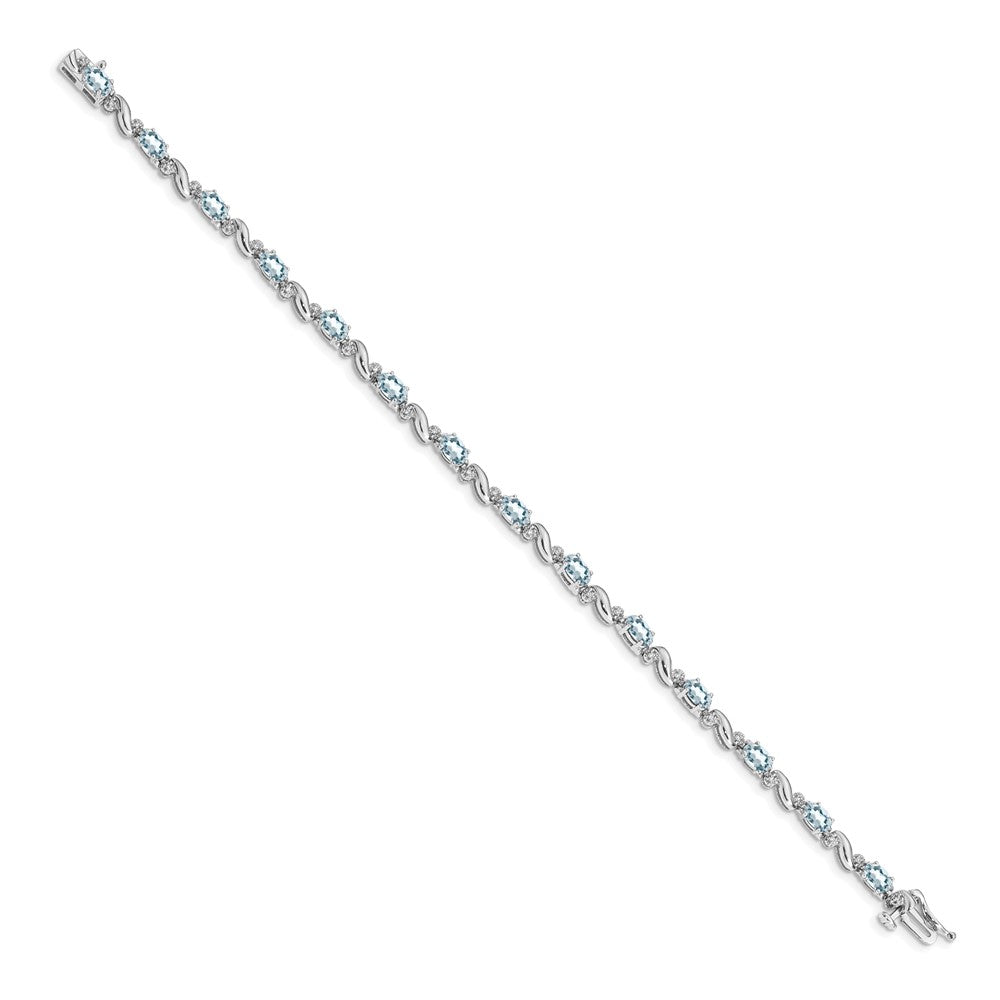 14K White Gold Complete Diamond and Oval Aquamarine Curved Link 7 Inch Bracelet