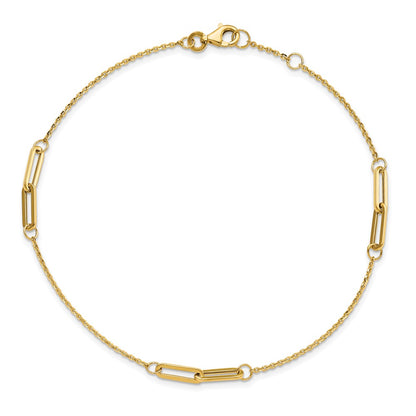 14K Yellow Gold Paperclip Link 3-Station 9 Inch Plus 0.5 Inch Extender - Total 9.5 Inch Anklet
