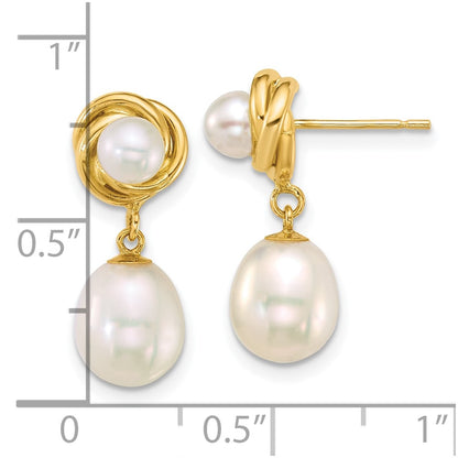 14K Yellow Gold Polished 4-5mm Button and 7-8mm Rice Freshwater Cultured Pearl Dangle Post Earrings
