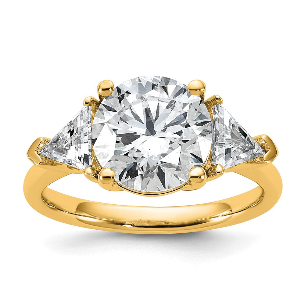 14K Yellow Gold 1 1/8 carat Lab Grown Diamond VS/SI+ G+ Triangle 3 carat Round Semi Mount Three Stone Engagement Ring