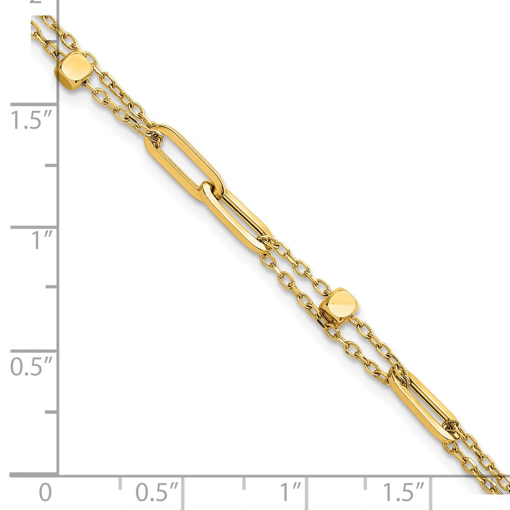 14K Yellow Gold Polished and Beaded 2-Strand with Fancy Paperclip Link 7.5 Inch Bracelet