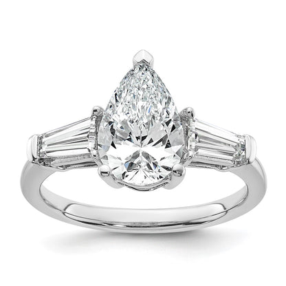 14K White Gold 2 5/8 carat Certified Lab Grown Diamond VS+ F+ Pear and Tapered Baguette Complete Engagement Ring