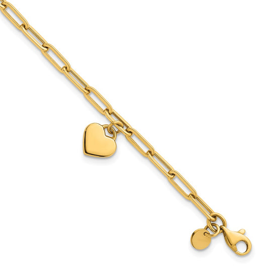 14K Yellow Gold Polished Flat Dangle 9mm Heart Paperclip Link 7.25 Inch Bracelet