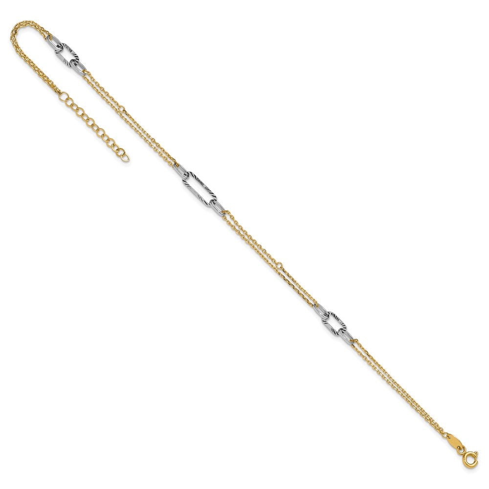 14K Two-Tone Gold Two-tone Polished Diamond-cut 3-Station 9 Inch Plus 1 Inch Extender - Total 10 Inch Anklet