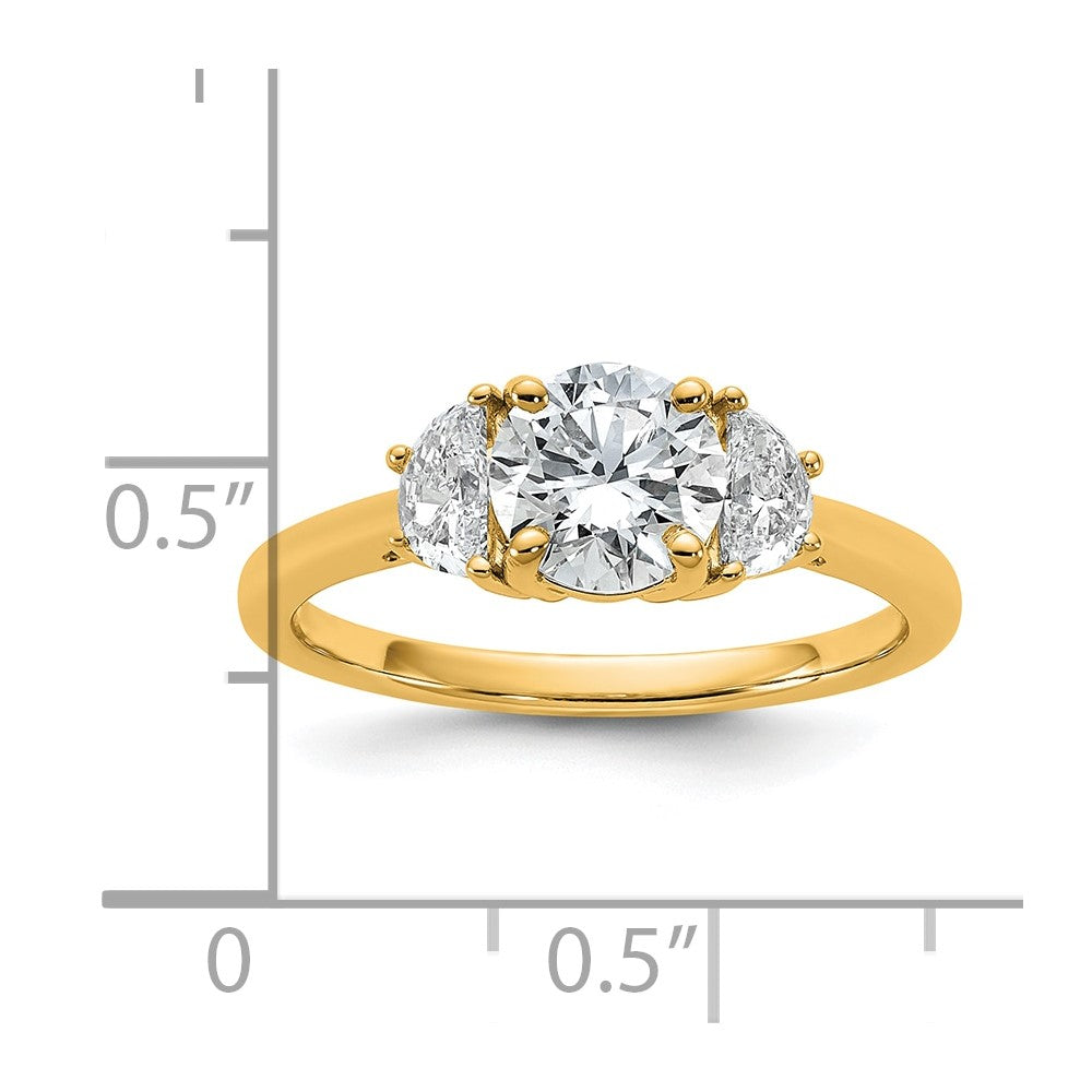 14K Yellow Gold 3/8 carat Lab Grown Diamond VS+ F+ 1 carat Center Round Semi Mount Three Stone Engagement Ring