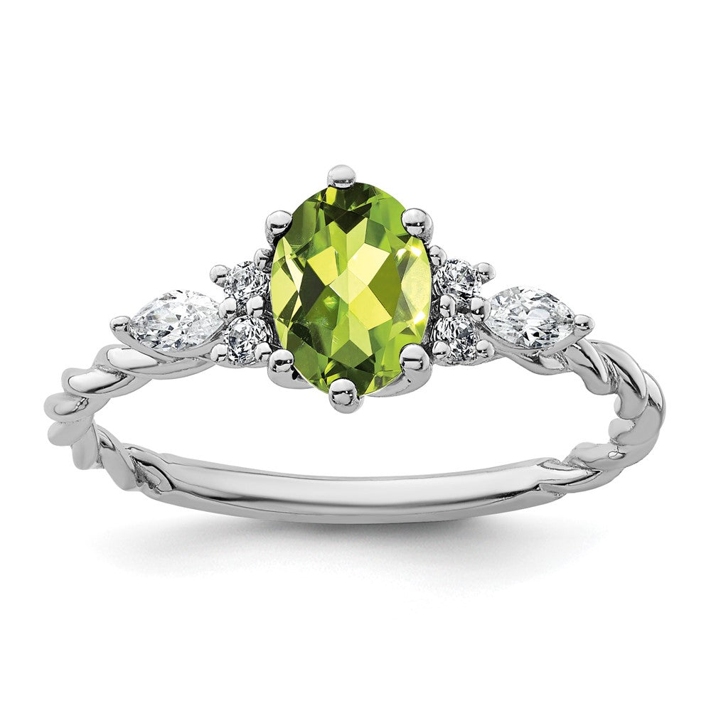 14K White Gold Diamond and 7x5 Oval August/Peridot Size 7 Twisted Ring