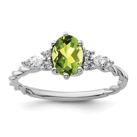 14K White Gold Diamond and 7x5 Oval August/Peridot Size 7 Twisted Ring