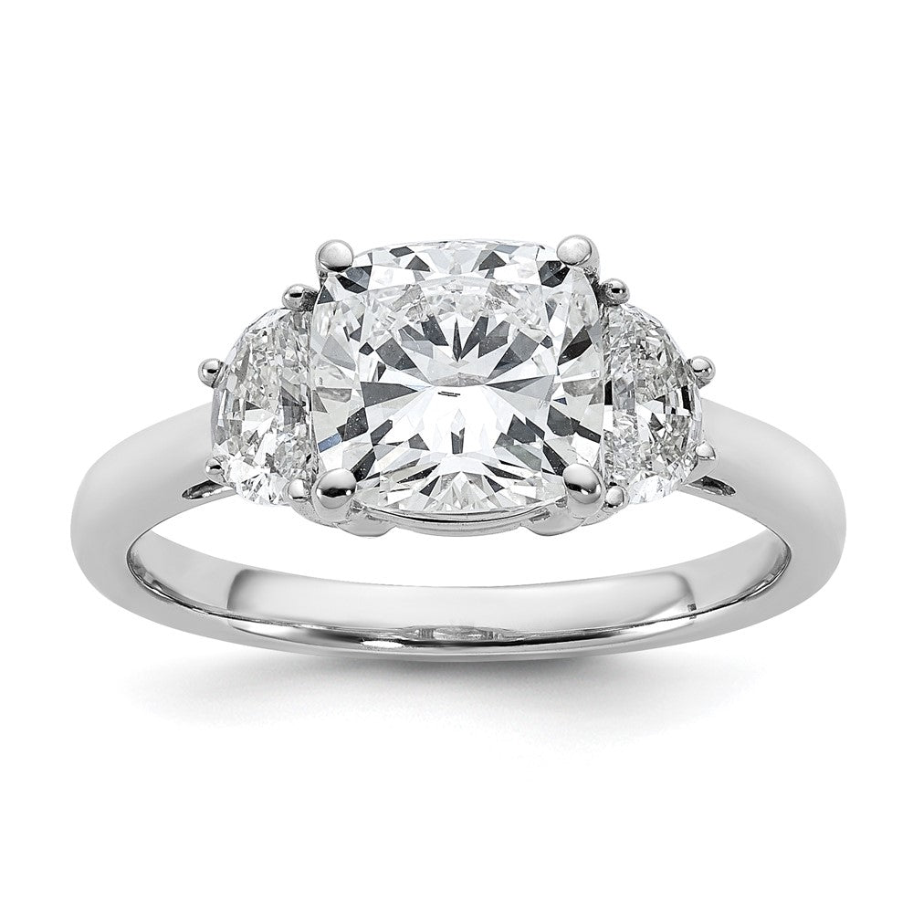 14K White Gold 2 1/2 carat Certified Lab Grown Diamond VS/SI+ G+ Complete Cushion and Half Moon Three Stone Engagement Ring