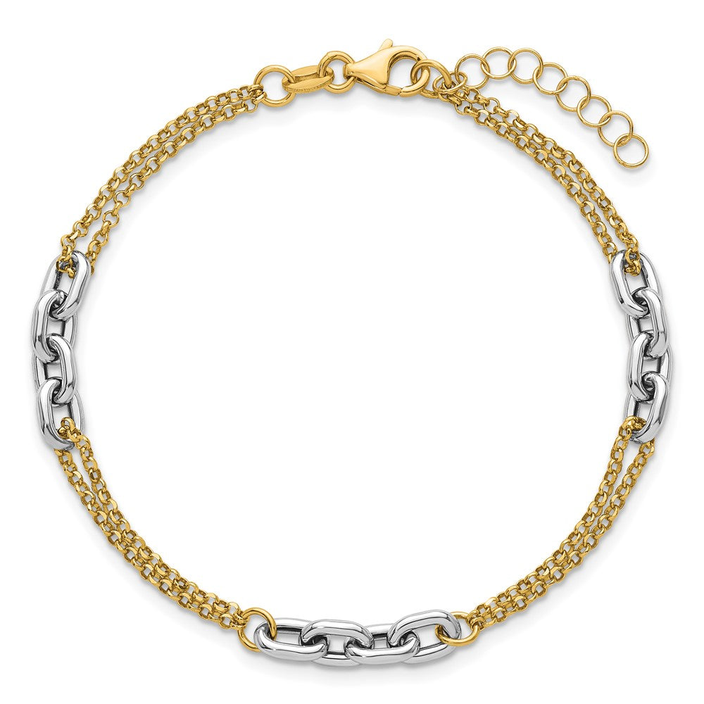 14K Two-Tone Gold Polished Fancy Oval Link and Double Strand Chain 7.25 Inch with 1 Inch extension Bracelet