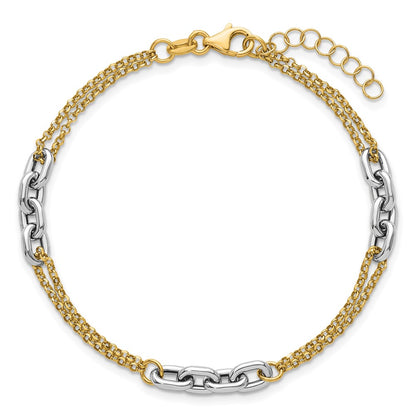 14K Two-Tone Gold Polished Fancy Oval Link and Double Strand Chain 7.25 Inch with 1 Inch extension Bracelet