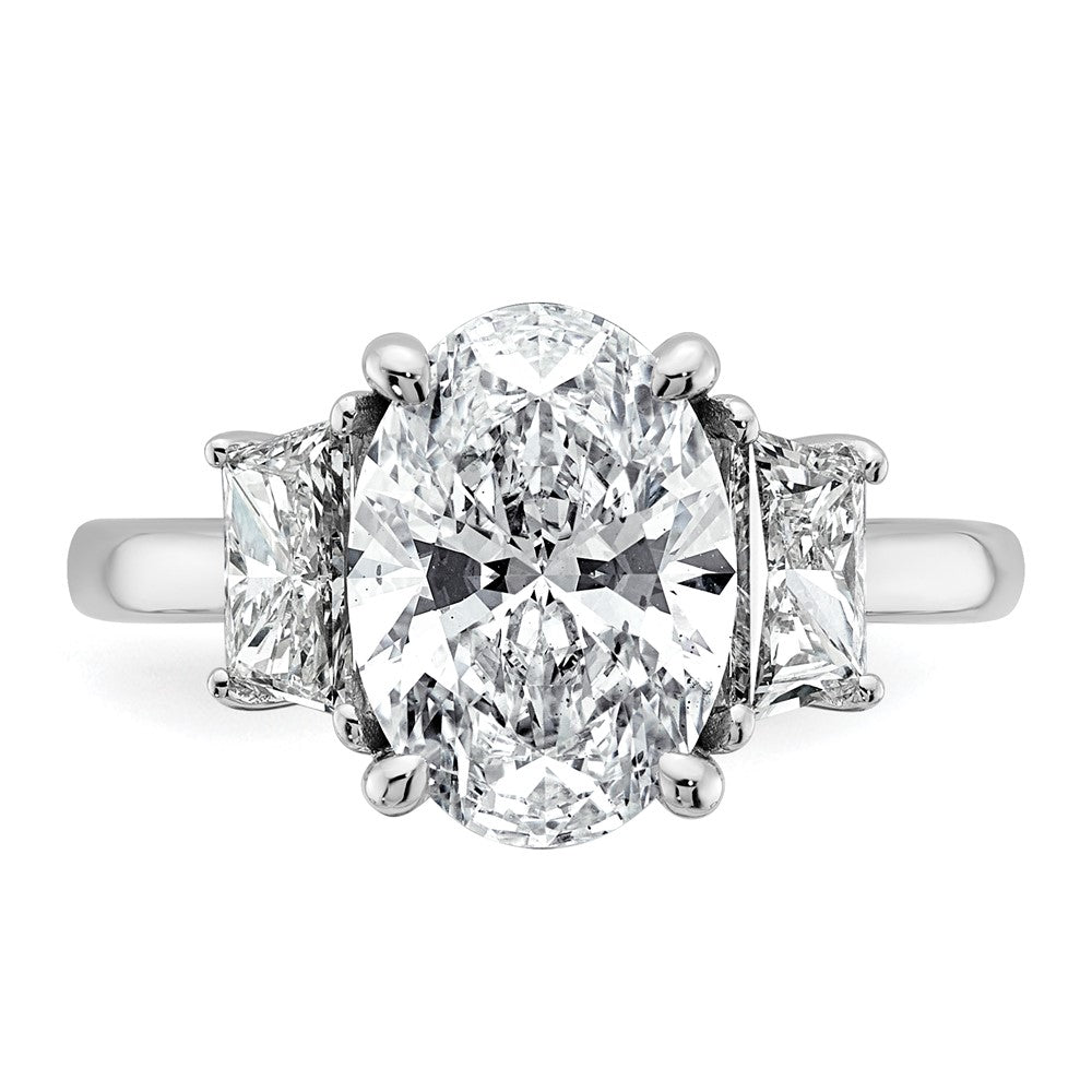 14K White Gold 1 carat Lab Grown Diamond VS+ F+ Trapezoid 3 carat Oval Semi Mount Three Stone Engagement Ring