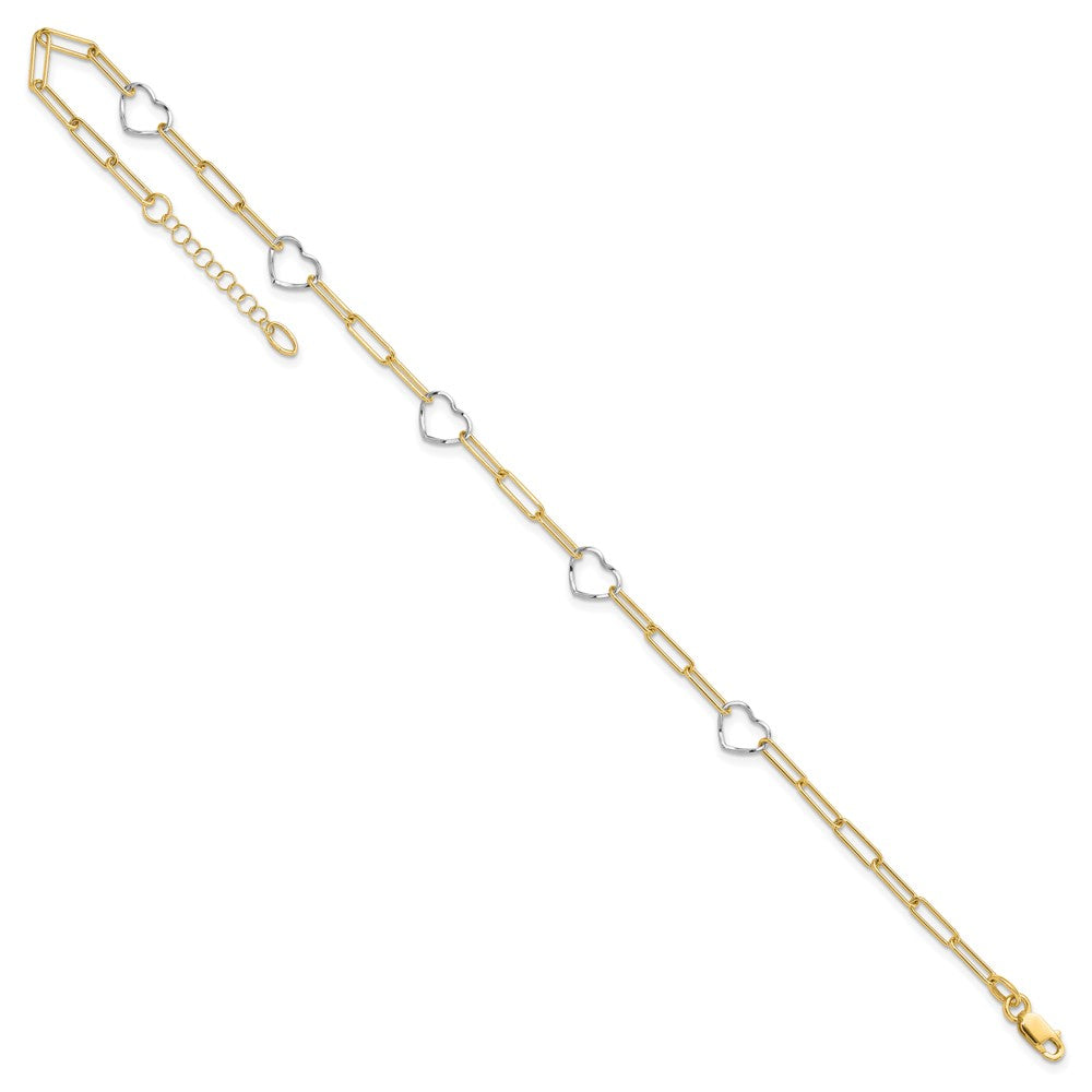 14K Two-Tone Gold Two-tone 5 Hearts and Paperclip Links 9 Inch Plus 1 Inch Extender - Total 10 Inch Anklet