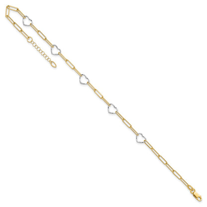 14K Two-Tone Gold Two-tone 5 Hearts and Paperclip Links 9 Inch Plus 1 Inch Extender - Total 10 Inch Anklet