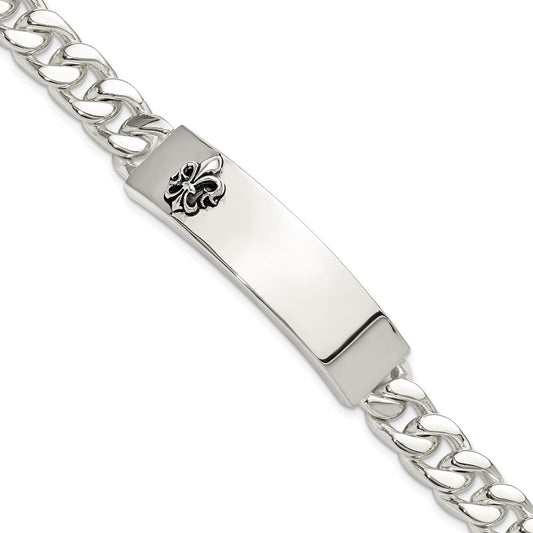 Sterling Silver Antiqued Fleur-de-lis ID Men's Bracelet
