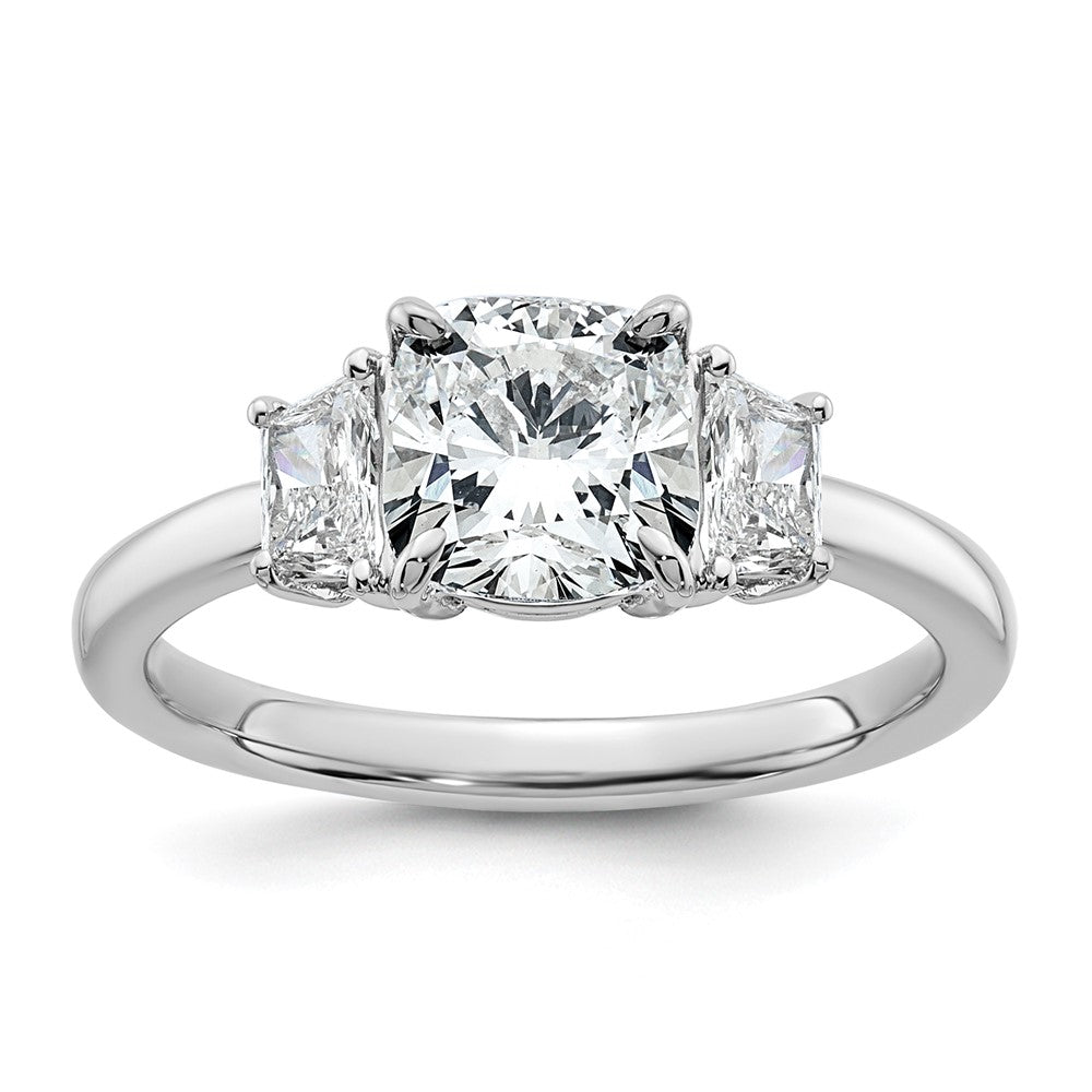 14K White Gold  3/8 carat Lab Grown Diamond VS+ F+ Half Moon 1 1/2 carat Cushion Center Semi Mount Three Stone Engagement Ring