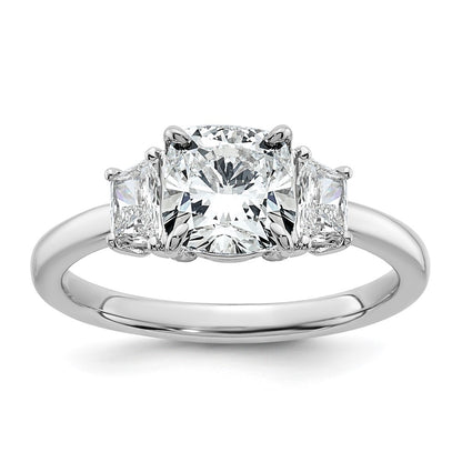 14K White Gold  3/8 carat Lab Grown Diamond VS+ F+ Half Moon 1 1/2 carat Cushion Center Semi Mount Three Stone Engagement Ring