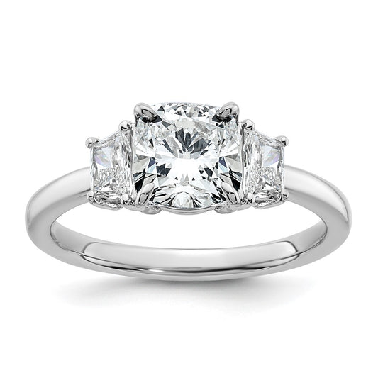 14K White Gold  3/8 carat Lab Grown Diamond VS+ F+ Half Moon 1 1/2 carat Cushion Center Semi Mount Three Stone Engagement Ring