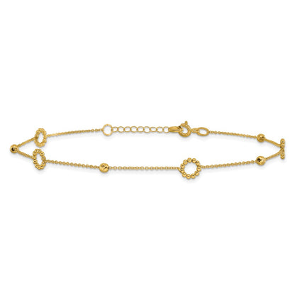 14K Yellow Gold Circle and Diamond-cut Bead 10 Inch Plus 1 Inch Extender - Total 11 Inch Anklet