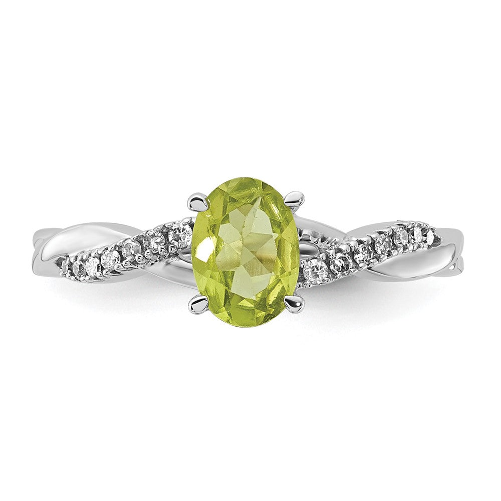 14K White Gold 7x5 Oval August/Peridot and Diamond Size 7 Ring