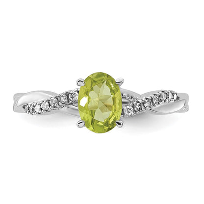14K White Gold 7x5 Oval August/Peridot and Diamond Size 7 Ring
