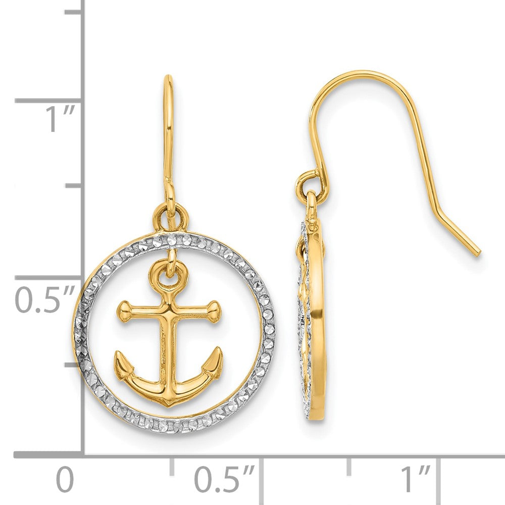 14K Yellow Gold and Rhodium D/C Anchor Dangle in Circle Dangle Earrings