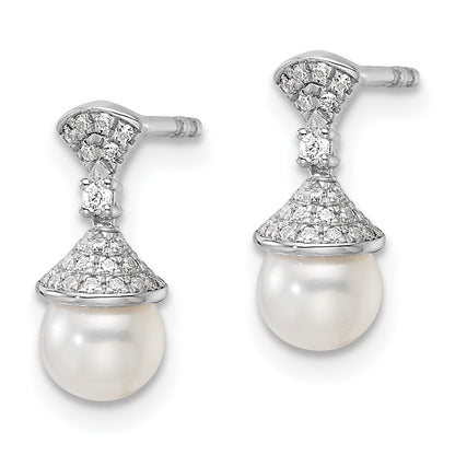 14K White Gold Polished 1/8 carat Diamond and White Freshwater Cultured Pearl Drop Post Earrings