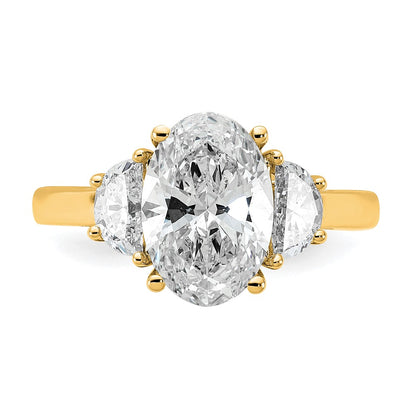 14K Yellow Gold 5/8 carat Lab Grown Diamond VS+ F+ Half Moon and 2 1/2 carat Oval Center Semi Mount Three Stone Engagement Ring