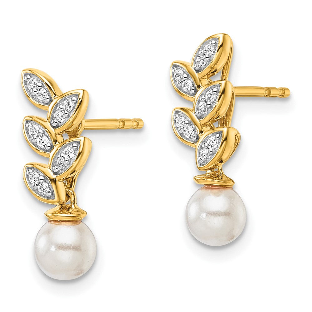 14K Yellow Gold Polished 1/10 carat Diamond and Freshwater Cultured Pearl Leaf Design Dangle Post Earrings