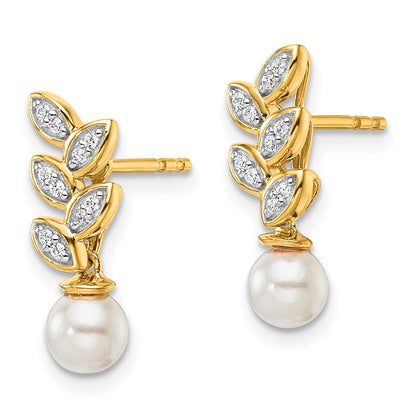 14K Yellow Gold Polished 1/10 carat Diamond and Freshwater Cultured Pearl Leaf Design Dangle Post Earrings