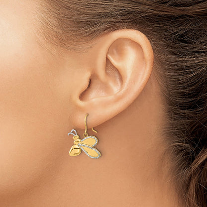 14K Yellow Gold and Rhodium Diamond-cut Large Bee Dangle French Hook Earrings