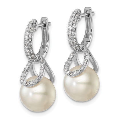 14K White Gold 10-11 White Round Freshwater Cultured Pearl .41 carat Diamond Hinged Hoop Earrings with Removable Dangles