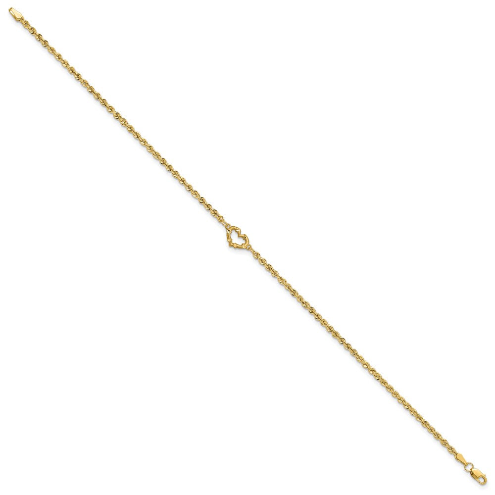 14K Yellow Gold Diamond-cut Open Heart and Rope Chain 11 Inch Anklet