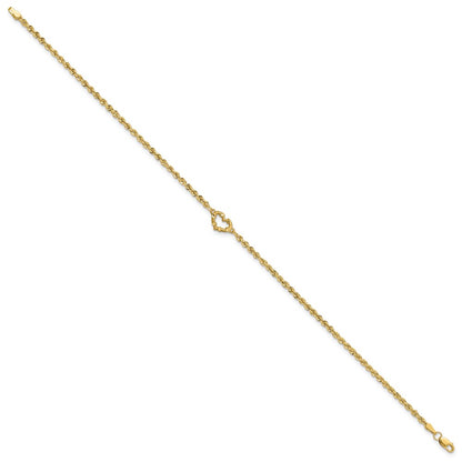 14K Yellow Gold Diamond-cut Open Heart and Rope Chain 11 Inch Anklet