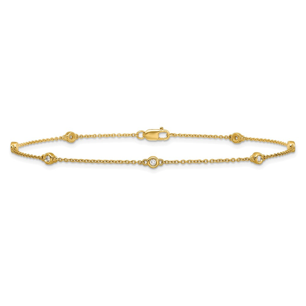 14K Yellow Gold Complete 1/8 carat Bezel-set Diamond and Cable Chain 7-Station 9 Inch Anklet