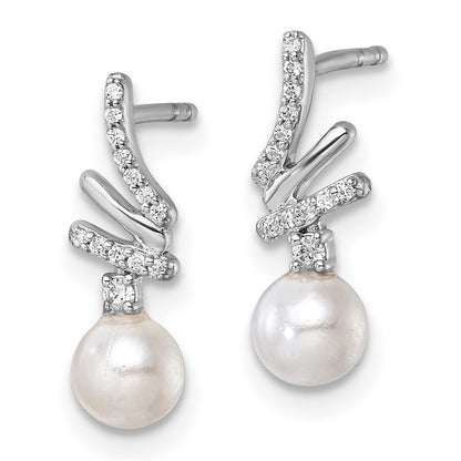 14K White Gold Polished 1/10 carat Diamond and White Freshwater Cultured Pearl Drop Post Earrings