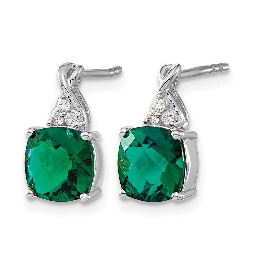 14K White Gold 7mm Cushion Checkerboard May/Lab Created Emerald and Diamond Post Earrings