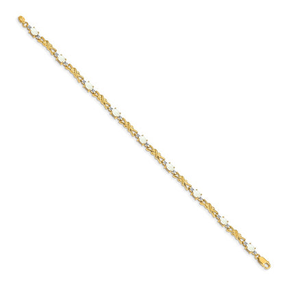 14K Yellow Gold Complete Diamond and Oval Opal X-design 7.25 Inch Bracelet