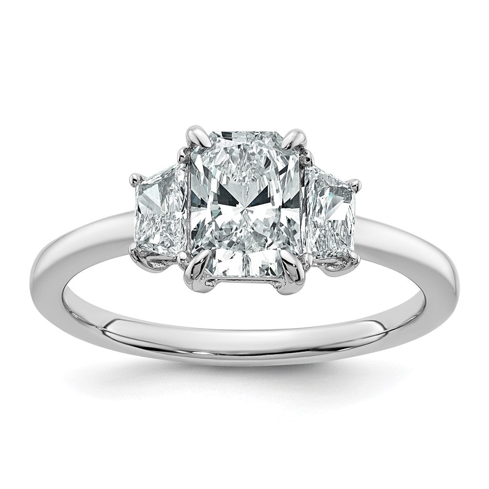 14K White Gold 3/8 carat Lab Grown Diamond VS+ F+ Trapezoid 1 carat Radiant Center Semi Mount Three Stone Engagement Ring