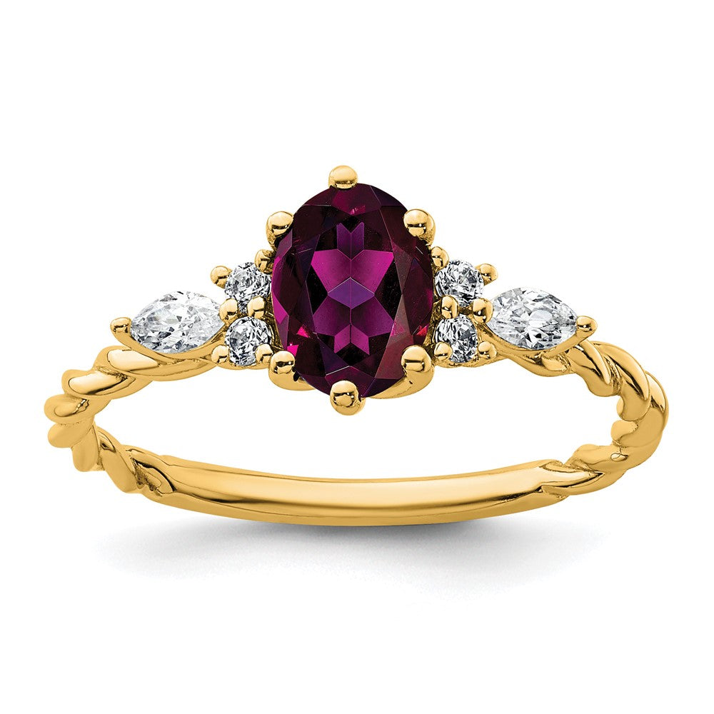 14K Yellow Gold Diamond and 7x5 Oval June/Rhodolite Garnet Size 7 Twisted Ring