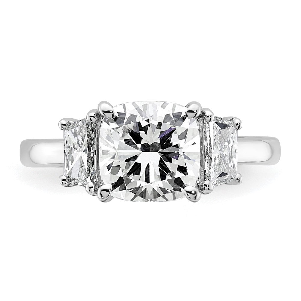 14K White Gold 3 1/8 carat Lab Grown Diamond VS+ F+ Cushion and Half Moon Complete Three Stone Engagement Ring