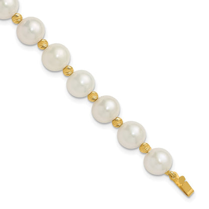 14K Yellow Gold 8-9mm Near-Round Freshwater Cultured Pearl and Diamond-cut Beaded 7.5 Inch Bracelet