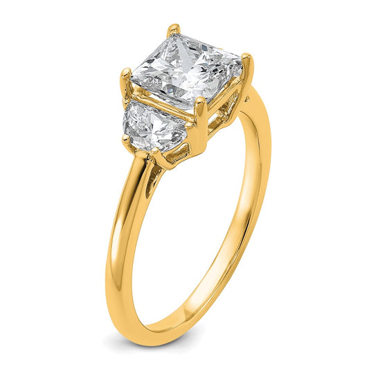 14K Yellow Gold 1/2 carat Lab Grown Diamond VS+ F+ Half Moon 1 1/2 carat Princess Center Semi Mount Three Stone Engagement Ring