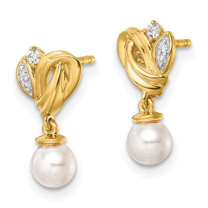 14K Yellow Gold Polished 1/15 carat Diamond and Freshwater Cultured Pearl Dangle Post Earrings