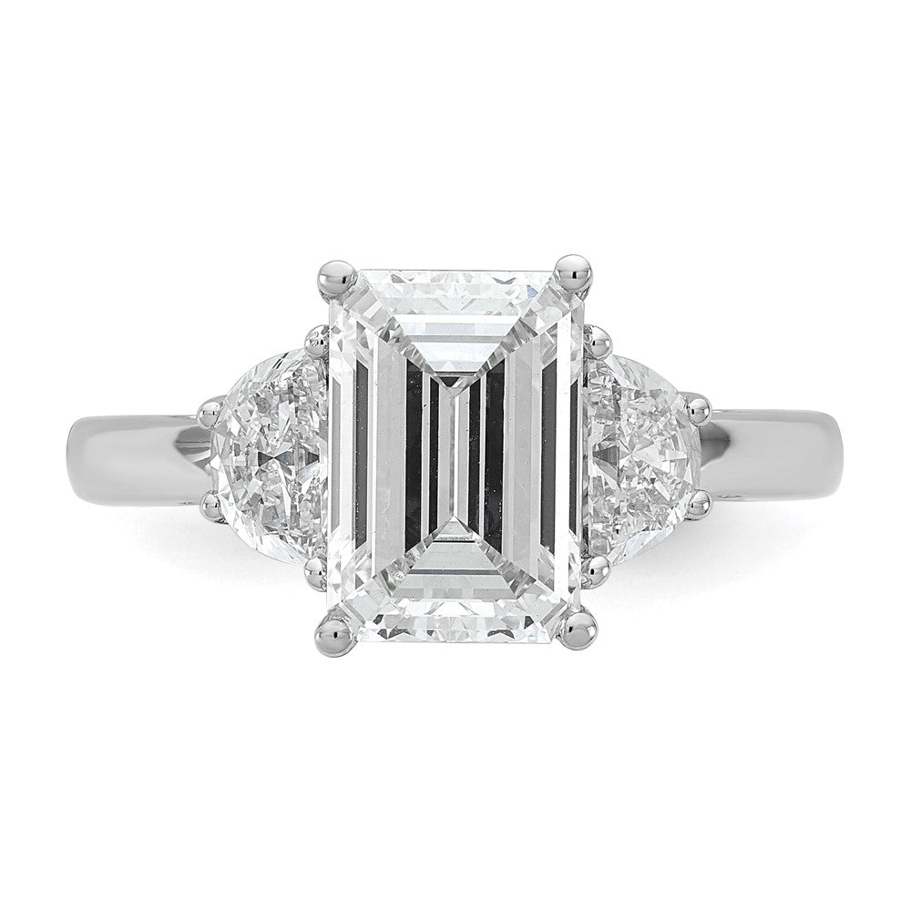 14K White Gold 5/8 carat Lab Grown Diamond VS+ F+ Semi Mount Emerald and Half Moon Three Stone Engagement Ring