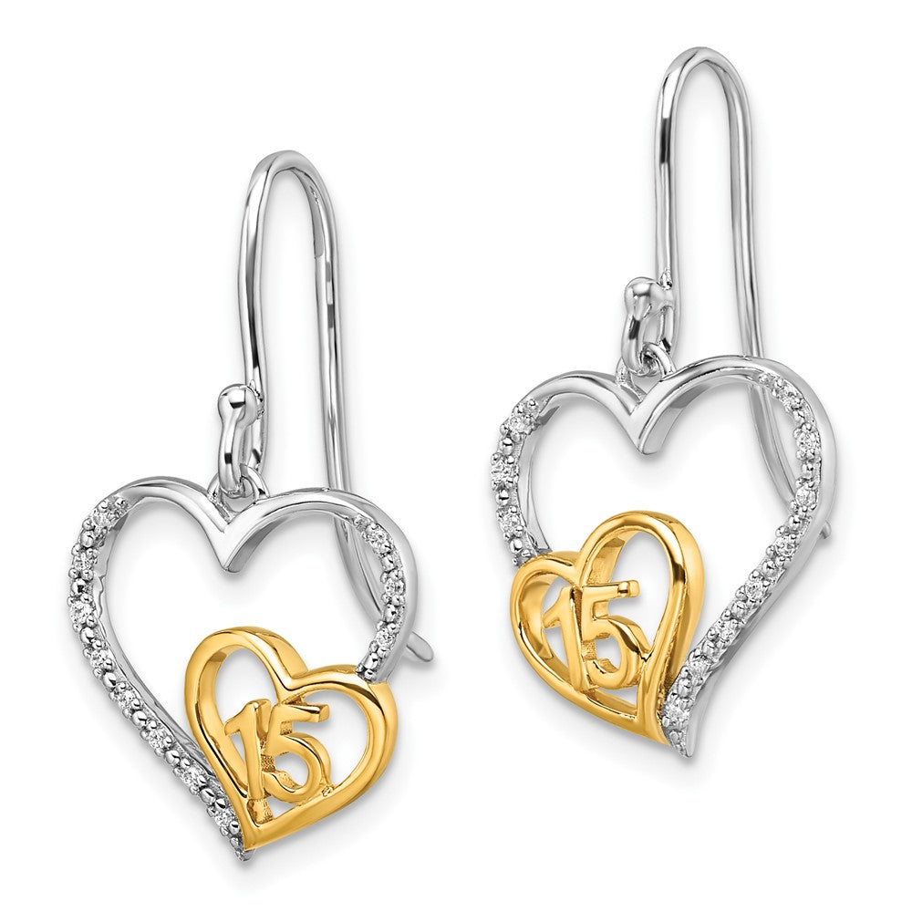 14K Two-Tone Gold Two-tone Polished 1/20 carat Diamond Quinceanera 15 Heart Dangle French Hook Earrings