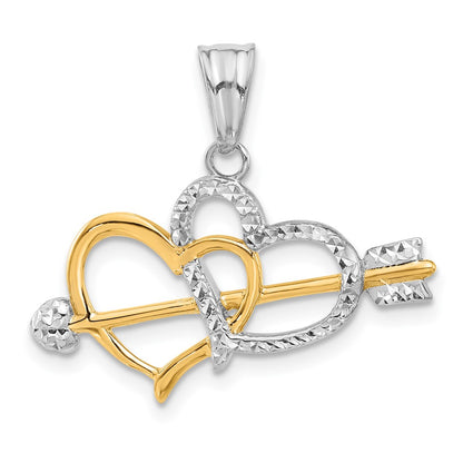 14K Yellow Gold with Rhodium Diamond-cut Hearts and Arrow Pendant