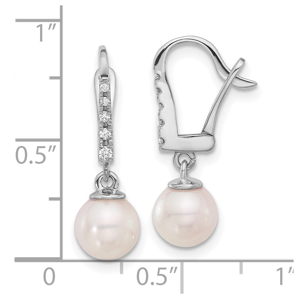 14K White Gold 6-7mm White Round Akoya Saltwater Cultured Pearl and .085 Carat Diamond Dangle Earrings